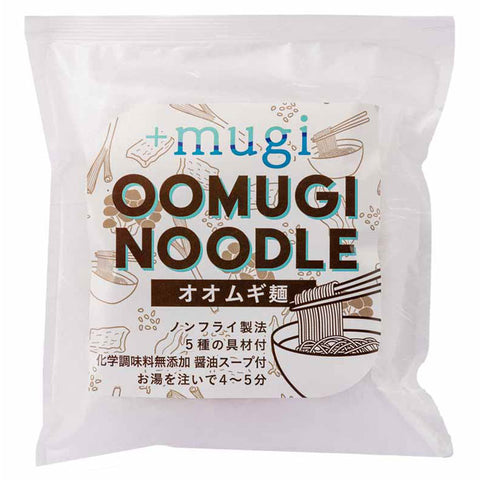 【+mugi】オオムギ麺　醤油味のスープ付　即席麺　化学調味料不使用（１２袋セット）